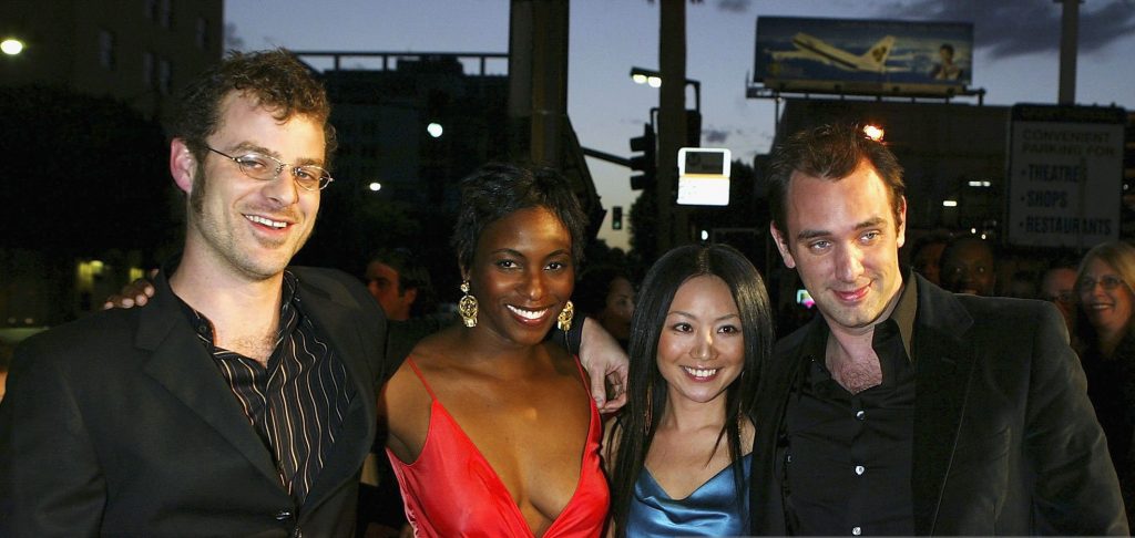 Emma Sugiyama and Trey parker with writer Matt Stone and Angela Howard in Hollywood 2004